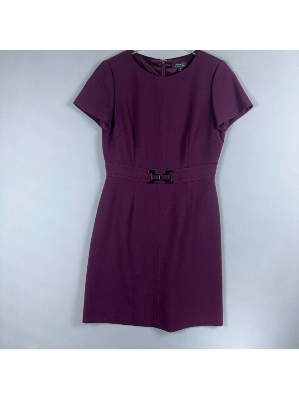 Tahari Arthur S. Levine Sheath Dress Women Size 8 Purple Short Sleeve Belted - Picture 2 of 12